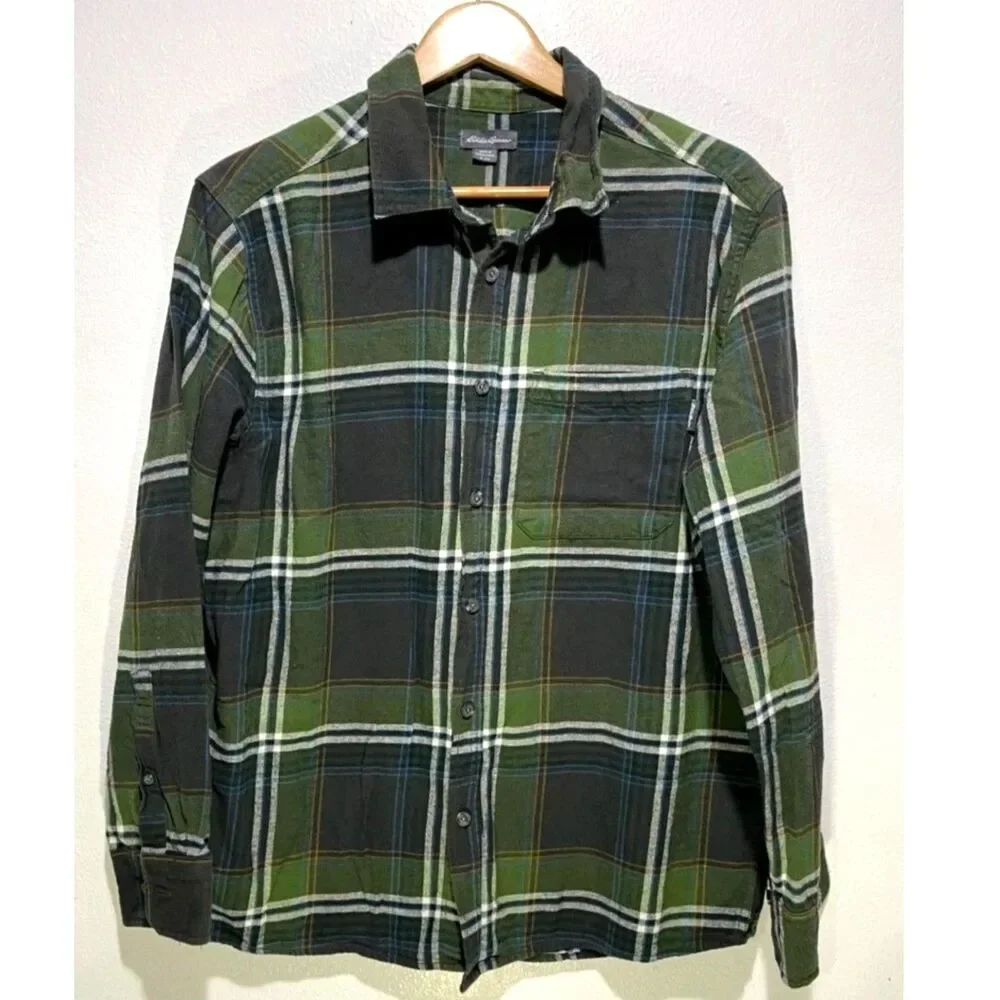 Eddie Bauer buttonup shirt plaid flannel fall winter green casual country men XL